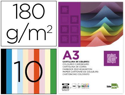 Cartulina liderpapel a3 180g/m2 10 colores surtidos paquete 100 hojas