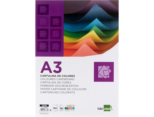 Cartulina liderpapel a3 180g/m2 10 colores surtidos paquete 100 hojas