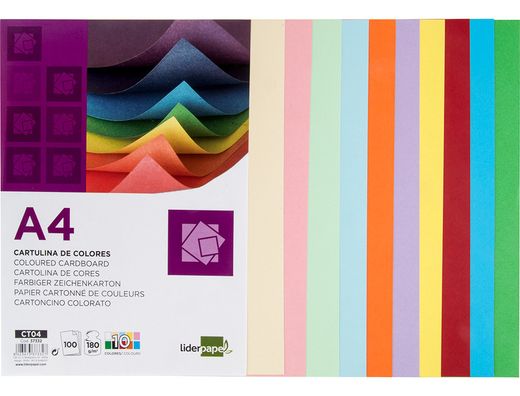 Cartulina Liderpapel A4 180G/M2 10 Colores Surtidos Paquete de 100