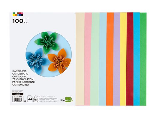 Cartulina liderpapel a4 180g/m2 25 colores surtidos paquete de 100 hojas