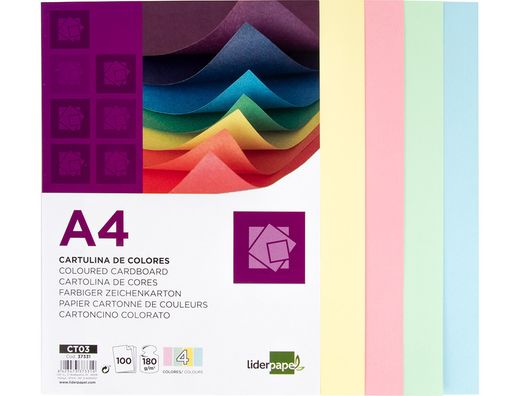 Cartulina Liderpapel A4 180G/M2 4 Colores Surtidos Paquete de 100