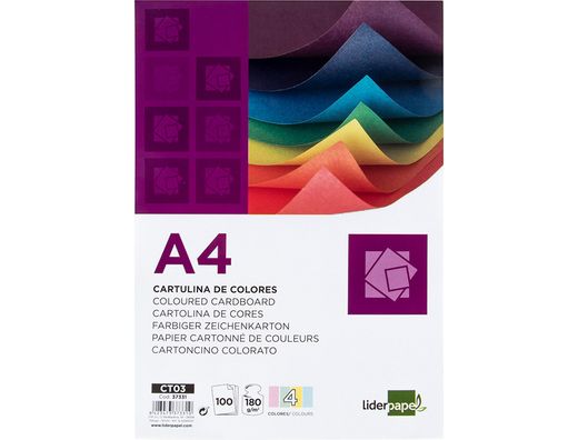 Cartulina Liderpapel A4 180G/M2 4 Colores Surtidos Paquete de 100