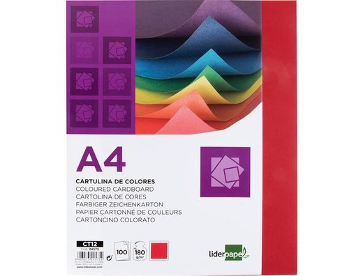 Cartulina Liderpapel A4 180G/M2 Rojo Paquete de 100