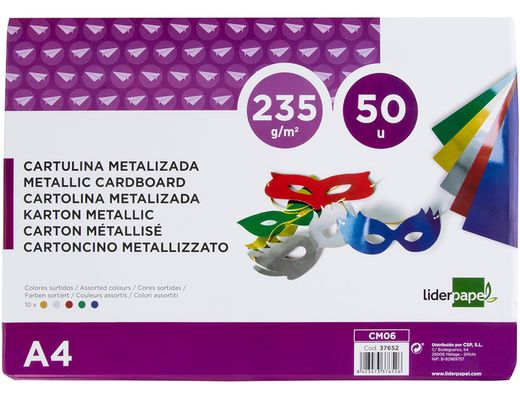 Cartulina Liderpapel A4 235 G/M2 Metalizada 5 Colores Surtidos Paquete de 50