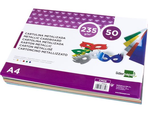 Cartulina Liderpapel A4 235 G/M2 Metalizada 5 Colores Surtidos Paquete de 50