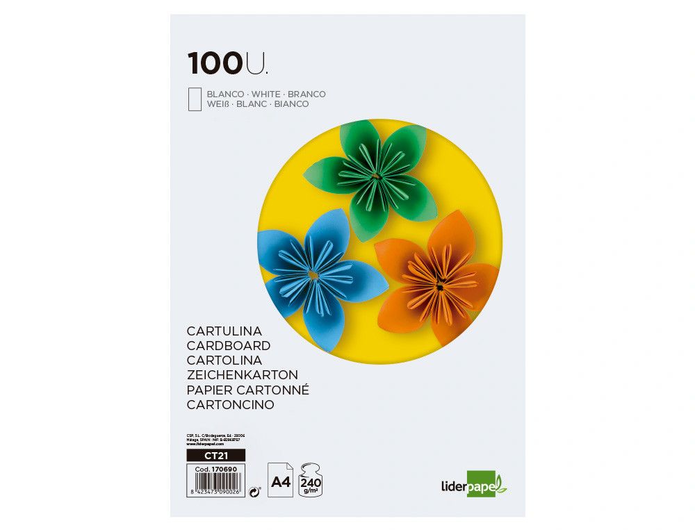 Cartulina liderpapel a4 240g/m2 blanco paquete de 100 hojas