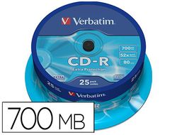 Cd-r verbatim capacidad 700mb velocidad 52x 80 min tarrina de 25 unidades