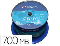 Cd-r verbatim capacidad 700mb velocidad 52x 80 min tarrina de 50 unidades