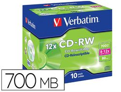 Cd-rw verbatim serl capacidad 700mb velocidad 12x 80 min pack de 10 unidades