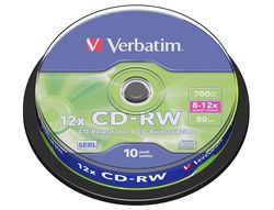 Cd-rw verbatim serl capacidad 700mb velocidad 12x 80 min tarrina de 10 unidades