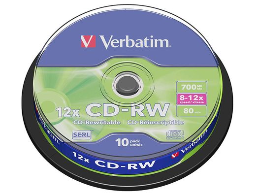 Cd-rw verbatim serl capacidad 700mb velocidad 12x 80 min tarrina de 10 unidades