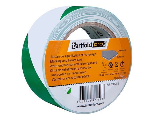 Cinta adhesiva tarifold seguridad para marcaje y señalizacion de suelo 33 mt x 50 mm color blanco/verde