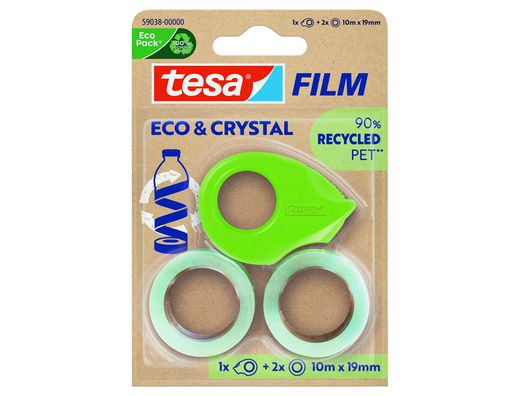 Cinta adhesiva tesa film eco&cristal transparente 10 m x 19 mm blister de 2 unidades + miniportarrollo