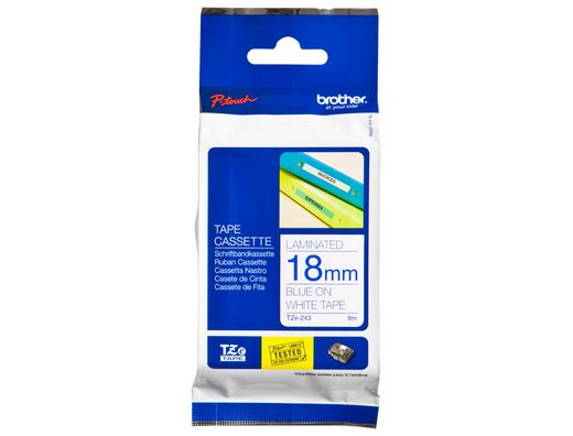 Cinta brother tze-243 laminada azul-blanco 18 mm 8mts