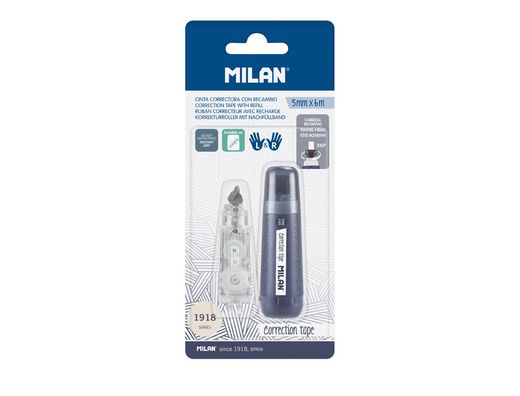 Cinta correctora milan 5 mm x 6 m coleccion 430 since 1918 azul marino blister de 1 unidad + 1 recambio