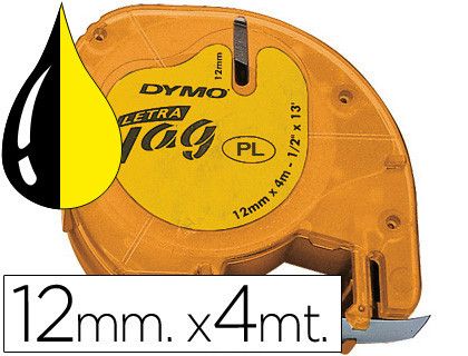 Cinta Dymo Letratag 12mm x 4m negro sobre amarillo plástico
