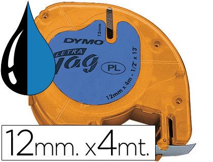 Cinta Dymo Letratag 12mm x 4m negro sobre azul plástico