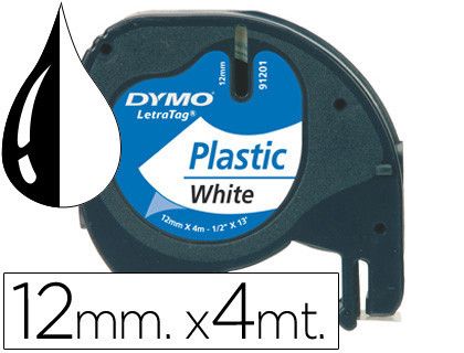 Cinta Dymo Letratag 12mm x 4m negro sobre blanco plástico