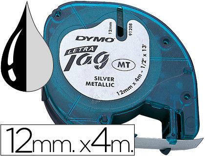 Cinta Dymo Letratag 12mm x 4m negro sobre plata metalizada