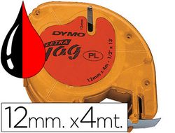 Cinta Dymo Letratag 12mm x 4m negro sobre rojo plástico