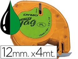 Cinta Dymo Letratag 12mm x 4m negro sobre verde plástico