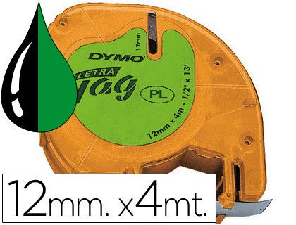 Cinta Dymo Letratag 12mm x 4m negro sobre verde plástico