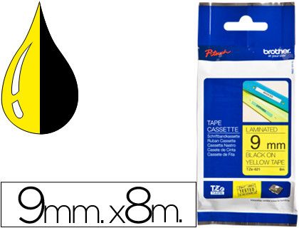 Cinta TZ Brother laminada 9mm x 8m negro sobre amarillo