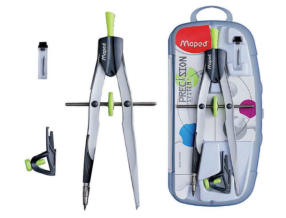 Compas con bigoteras, abrazadera universal y estuche minas gris Maped