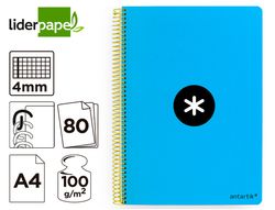 Cuaderno espiral liderpapel a4 antartik tapa dura 80h 100gr cuadro 4mm con margen color azul