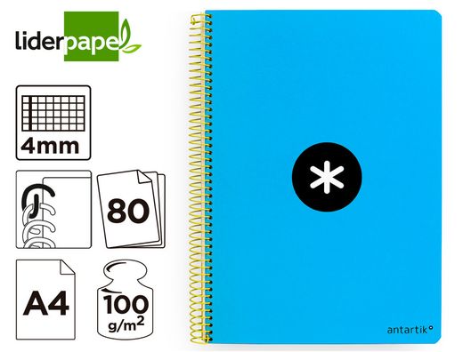 Cuaderno espiral liderpapel a4 antartik tapa dura 80h 100gr cuadro 4mm con margen color azul