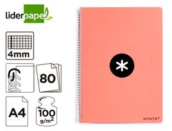 Cuaderno espiral liderpapel a4 antartik tapa dura 80h 100gr cuadro 4mm con margen color coral