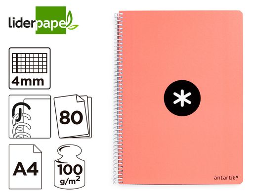 Cuaderno espiral liderpapel a4 antartik tapa dura 80h 100gr cuadro 4mm con margen color coral