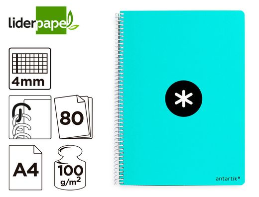 Cuaderno espiral liderpapel a4 antartik tapa dura 80h 100gr cuadro 4mm con margen color menta