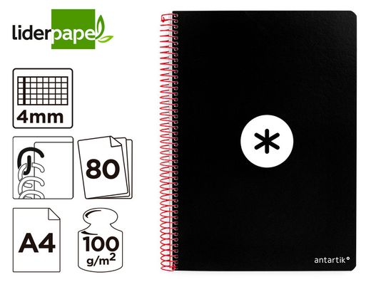 Cuaderno espiral liderpapel a4 antartik tapa dura 80h 100gr cuadro 4mm con margen color negro