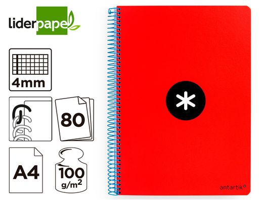 Cuaderno espiral liderpapel a4 antartik tapa dura 80h 100gr cuadro 4mm con margen color rojo