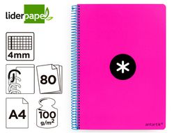 Cuaderno espiral liderpapel a4 antartik tapa dura 80h 100gr cuadro 4mm con margen color rosa fluor