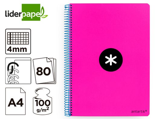 Cuaderno espiral liderpapel a4 antartik tapa dura 80h 100gr cuadro 4mm con margen color rosa fluor