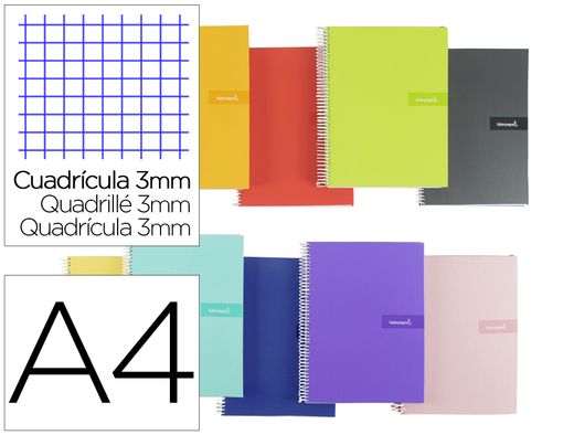 Cuaderno espiral liderpapel a4 crafty tapa forrada 80h 90 gr cuadro 3 mm con margen colores surtidos