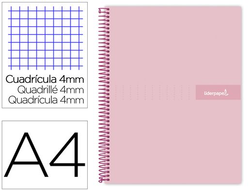 Cuaderno espiral liderpapel a4 crafty tapa forrada 80h 90 gr cuadro 4mm con margen color rosa