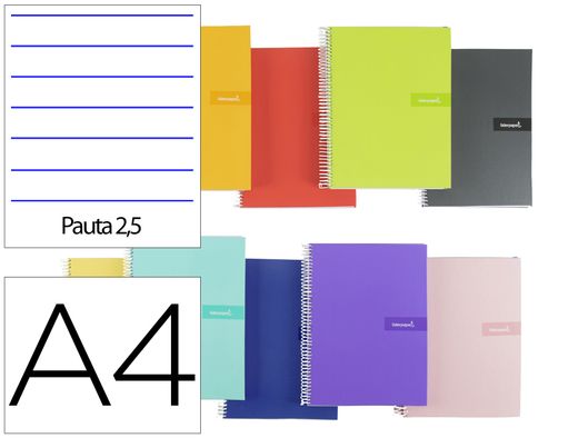 Cuaderno espiral liderpapel a4 crafty tapa forrada 80h 90 gr pauta estrecha 2,5mm con margen colores surtidos