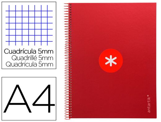Cuaderno espiral liderpapel a4 micro antartik tapa forrada 80h 90 gr cuadro 5mm 1 banda 4 taladros frambuesa