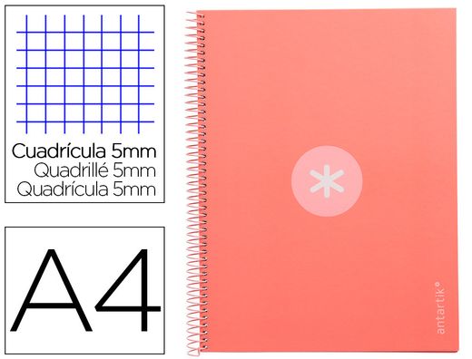 Cuaderno espiral liderpapel a4 micro antartik tapa forrada 80h 90 gr cuadro 5mm 1 banda 4 taladros rosa claro