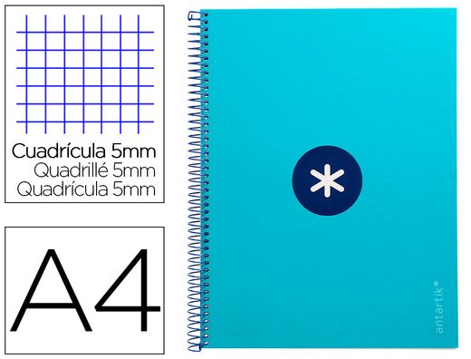 Cuaderno espiral liderpapel a4 micro antartik tapa forrada 80h 90 gr cuadro 5mm 1 banda 4 taladros turquesa