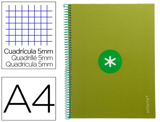 Cuaderno espiral liderpapel a4 micro antartik tapa forrada 80h 90 gr cuadro 5mm 1 banda 4 taladros verde