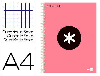 Cuaderno espiral liderpapel a4 micro antartik tapa forrada 120h 90 gr cuadro 5mm 5 banda4 taladros color coral