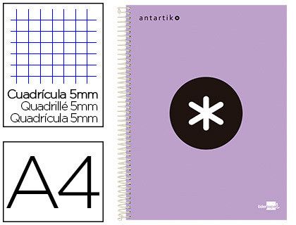 Cuaderno espiral liderpapel a4 micro antartik tapa forrada 120h 90 gr cuadro 5mm 5 banda4 taladros color lila lavanda