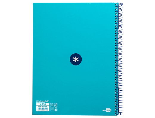 Cuaderno espiral liderpapel a4 micro antartik tapa forrada80h 90 gr horizontal 1 banda 4 taladros color turquesa