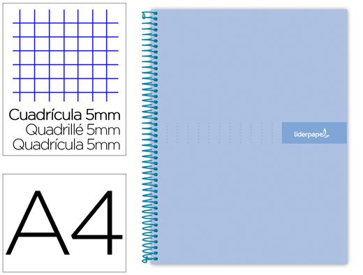 Cuaderno espiral liderpapel a4 micro crafty tapa forrada 120h 90 gr cuadro 5 mm 5 bandas 4 colores celeste
