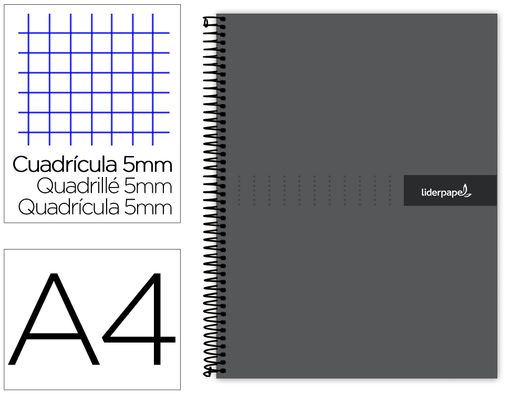 Cuaderno espiral liderpapel a4 micro crafty tapa forrada 120h 90 gr cuadro 5 mm 5 bandas 4 colores color negro
