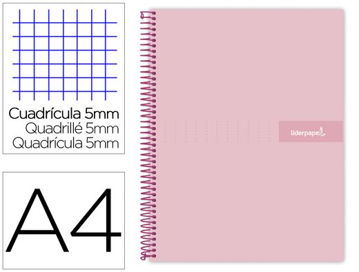 Cuaderno espiral liderpapel a4 micro crafty tapa forrada 120h 90 gr cuadro 5 mm 5 bandas 4 colores color rosa